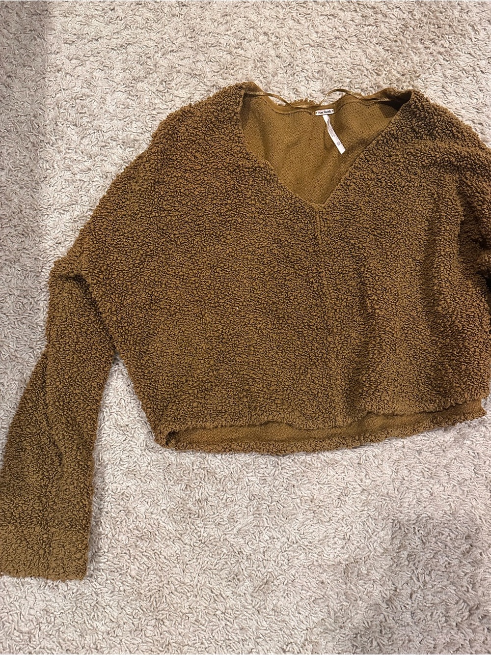 Free People Chocolate Popcorn textured Brown Teddy V-Neck Pullover
